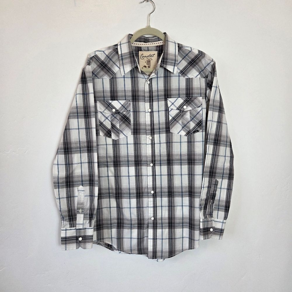 Coastal Men's Button Up Shirt Pearl Snap Western Grunge 90s Rodeo Plaid Blue L